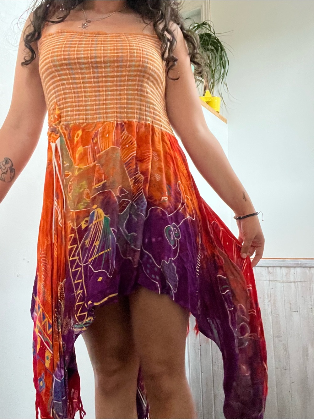 Smocked Strapless Asymmetrical Summer Dress in Orange & Purple
